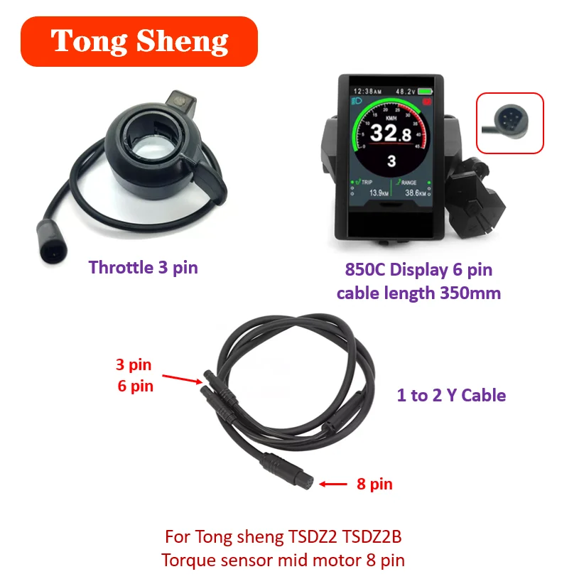 Tongsheng TSDZ2 TSDZ2B Throttle 1 to 2 Cable 850C LCD Colour Screen Display For Tongsheng Mid Drive Motor Conversion kit