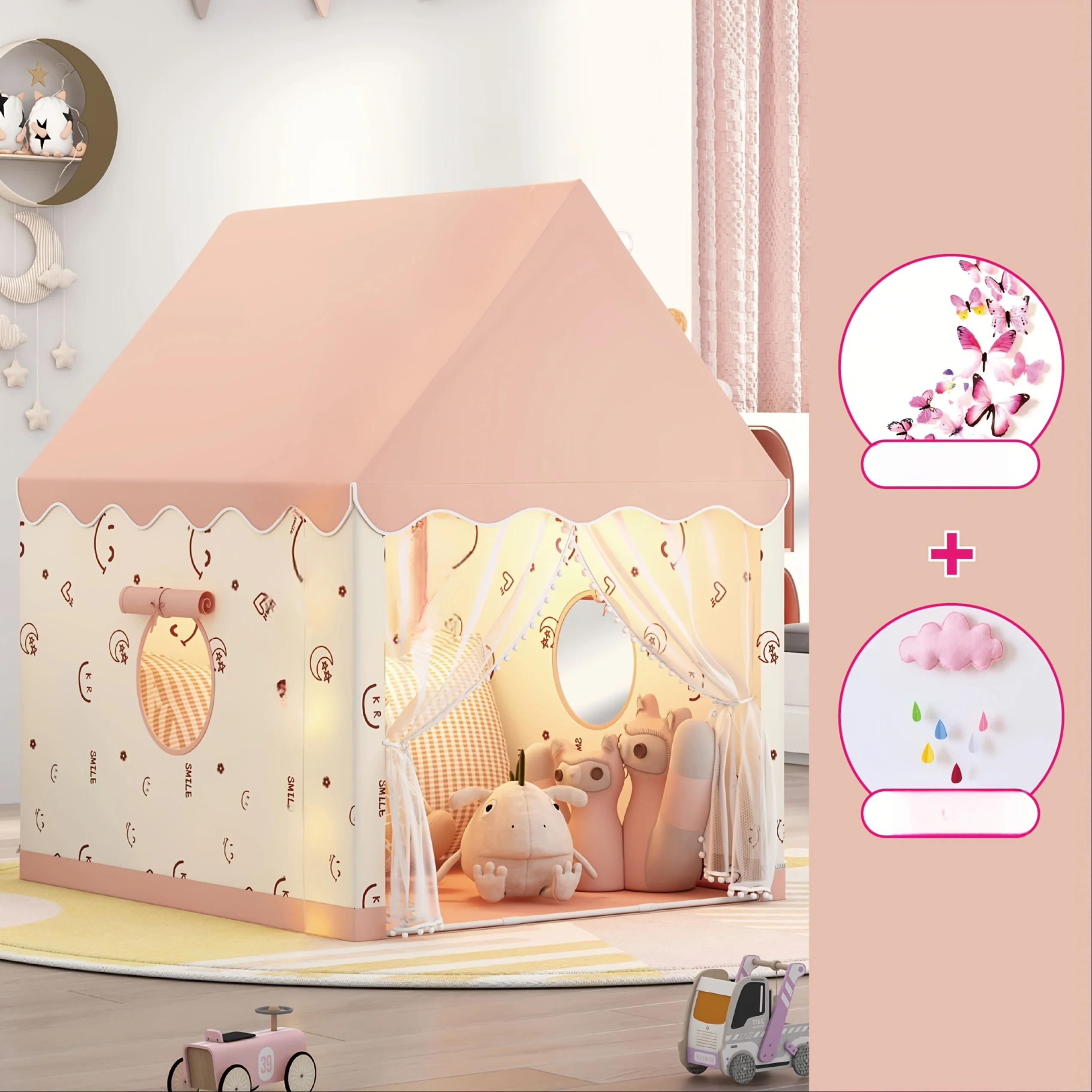 Tente de conte de fées princesse pour enfants, tente de jeu de Style chalet rose et Beige avec décor de papillon nuage, en Fiber synthétique, pour l'intérieur et l'extérieur