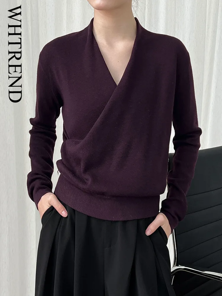 

WHTREND Cross Slanted Placket Knitted Sweater For Women Autumn Winter New Soft Wool Base Pullover Top Korean Style WH1119