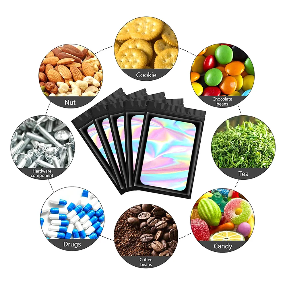 100pcs Smell Proof Mylar Bags Holographic Laser Color Plastic Packaging Pouch Jewelry Retail Storage Pouch Gift For Food