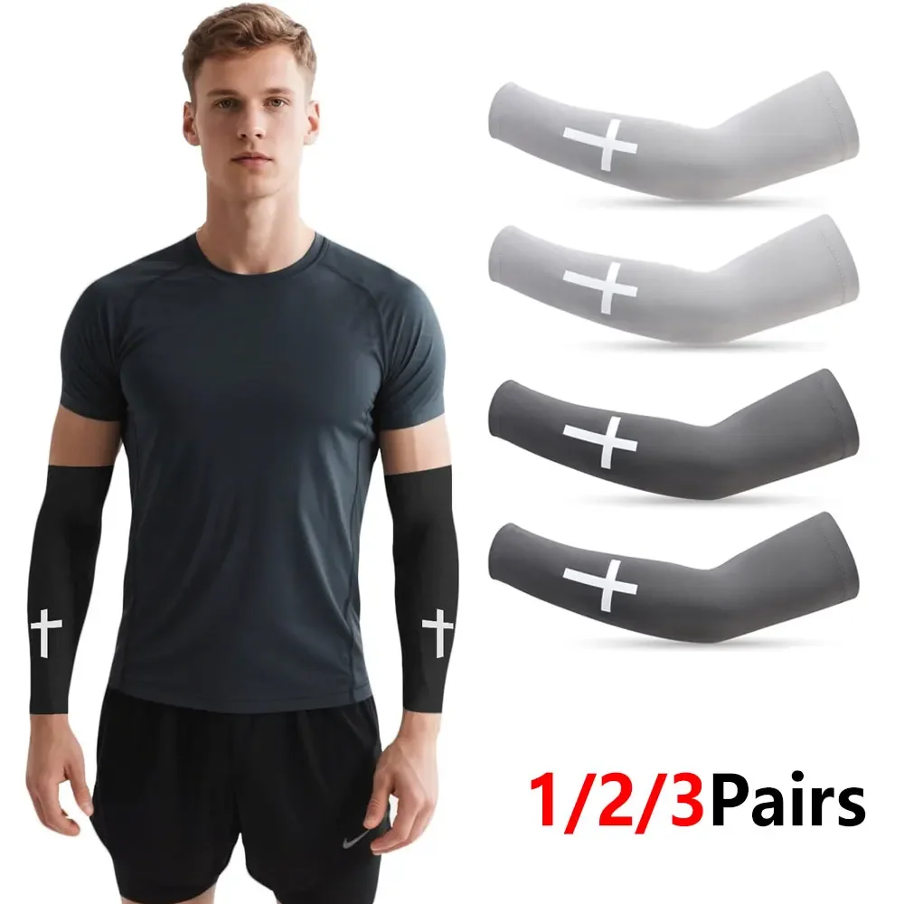 1/2/3Pairs  Christian Cross Pattern Arm Sleeves, Sun Protection Cooling Compression Sleeve, Tattoo Cover Arm Guard for Baseball