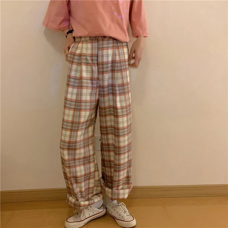 Deeptown Oversized Casual Plaid Pants Woman Harajuku Baggy Korean Fashion Thin Trousers Vintage Summer Straight Japanese Style