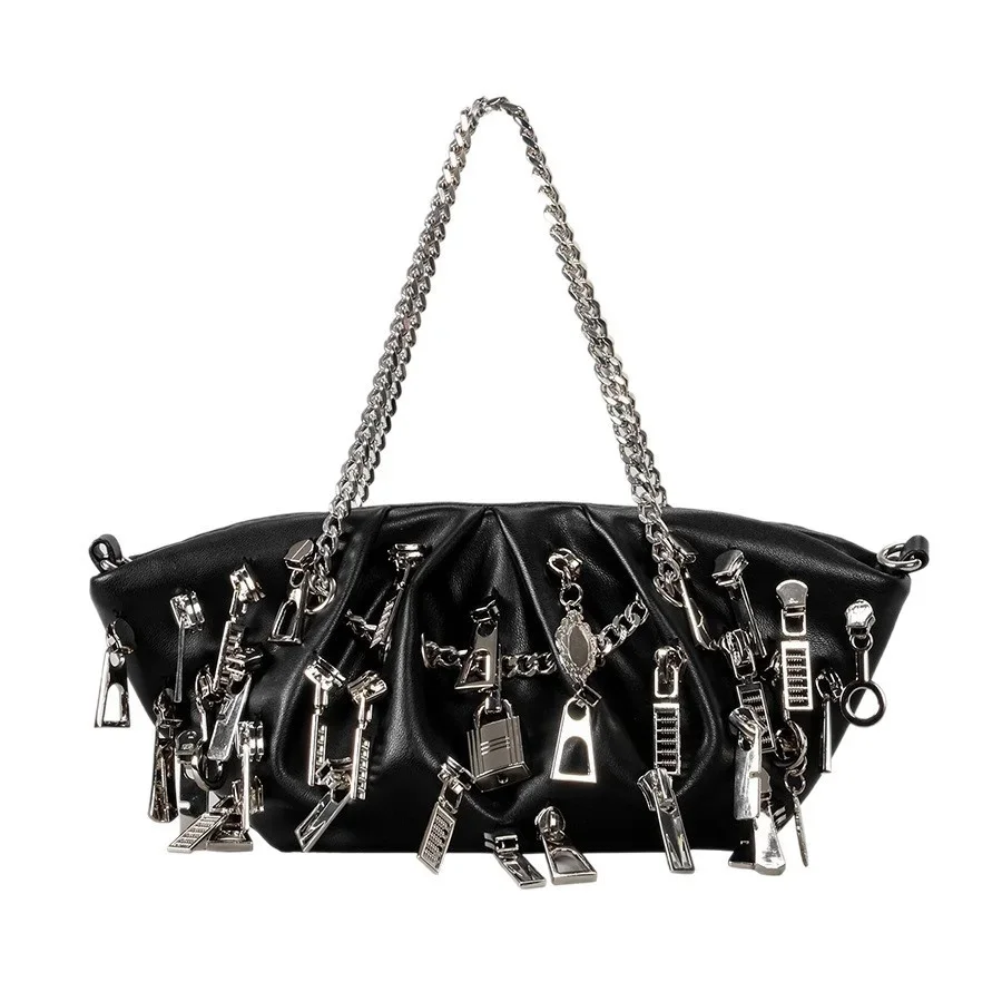 Black Pleated Shoulder Bag Women Handbag Y2K Punk Zipper Decor Underarm Purse Chain Handle Tote Crossbody Bag