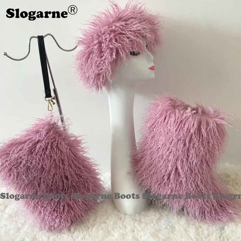 2025 Women\'s New Faux Fur Boots Fur Bag Cap Winter Fashion Fur Purse Girls\' Luxury Furry Snow Boots Warm Shoes Fluffy Headband