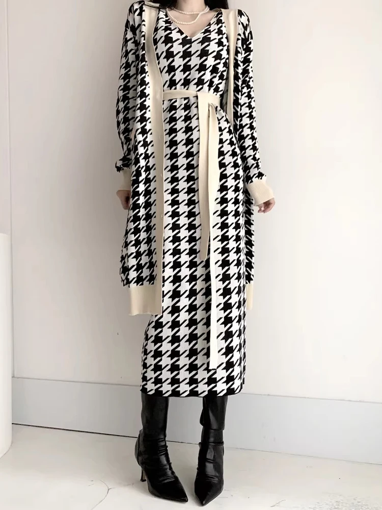 

Шикарный осенний винтажный клетчатый жилет Dr, женский длинный вязаный свитер, модное пальто для поездок на работу, обычная длина, V-Ne