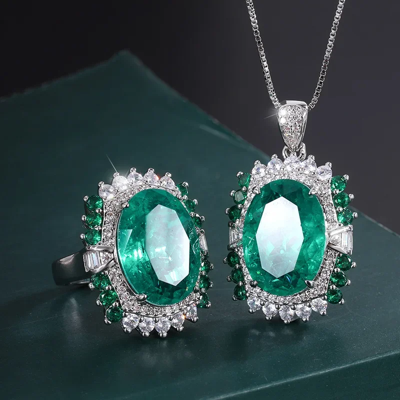 Retro 925 Sterling Silver 13*18mm Emerald Gem Crystal Necklace for Women Ring Jewelry Streetwear Gift Mexico Valentines Nordic