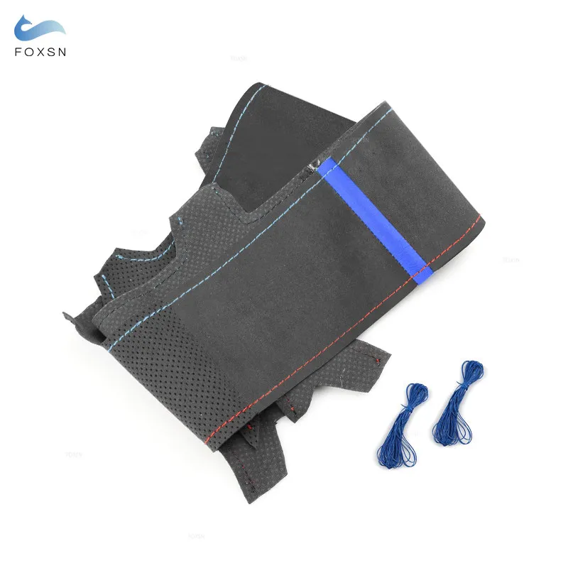 Suede Leather Hand Sewing Steering Wheel Cover Red Blue Line With Blue Strip For BMW E90 320i 325i 330i 335i E87 120i 130i 120d