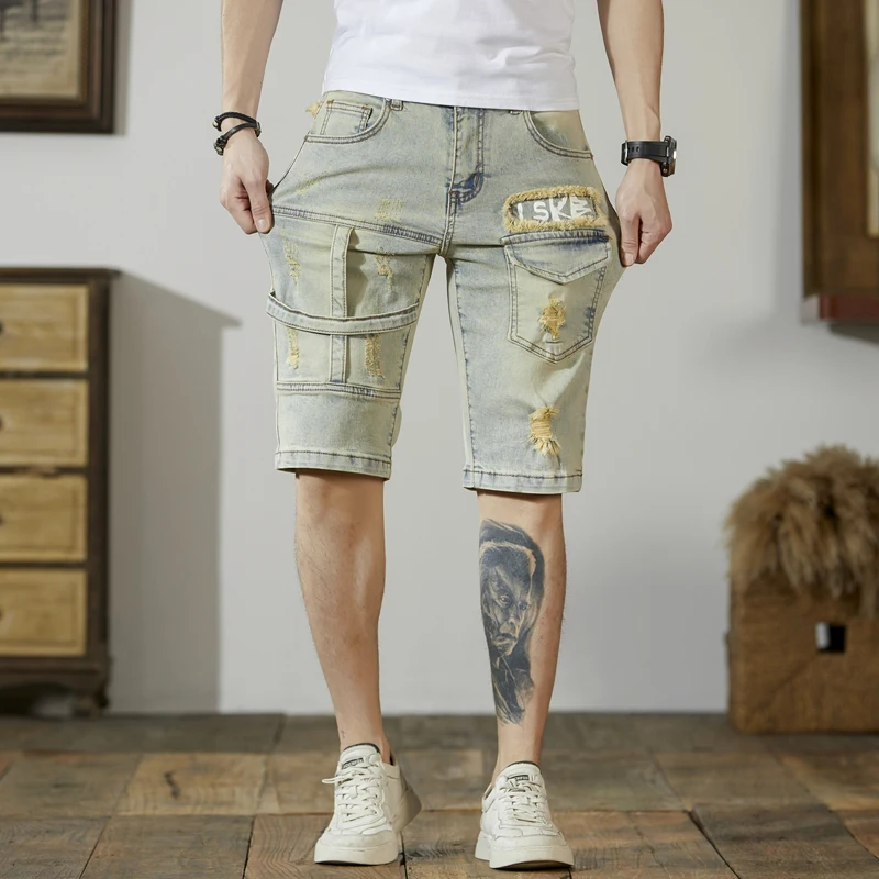 Sommer neue Herren High-End-Denim-Shorts Mode zerrissen fünfte Hose Modemarke Slim Fit Patchwork Stretch Motorrad hose