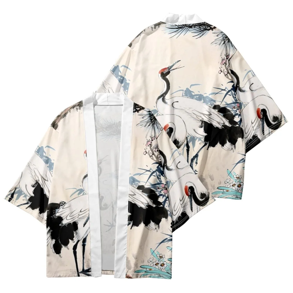 

Ink Wind Wild Crane Printed Men's Summer Cardigan Kimono New Chinese Men's Cardigan Beach Casual Shirt Leisure Tourism Kimono