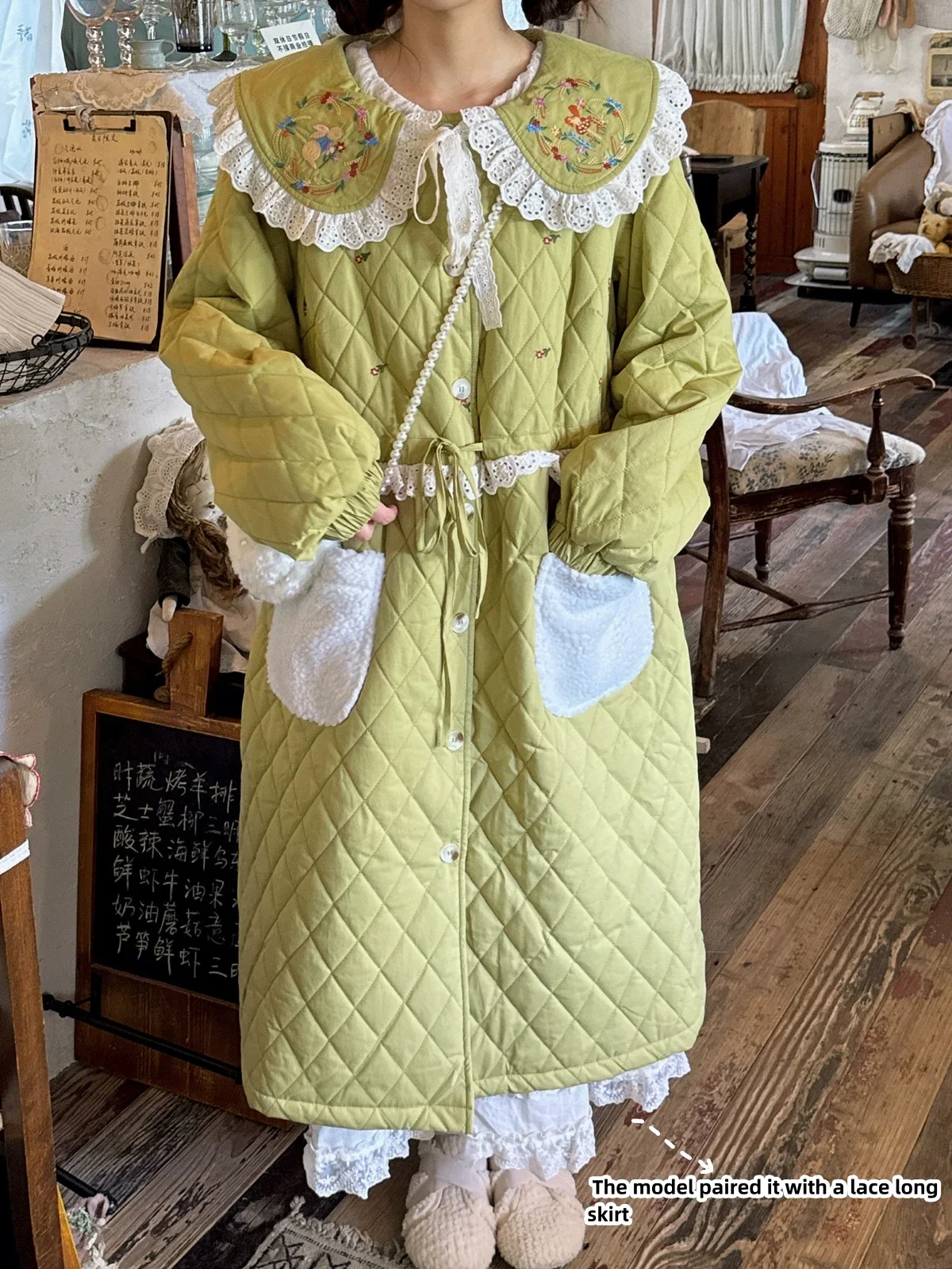 Women Lace Embroidery Sweet Cottagecore Cotton Liner Winter Long Quilted Green Coat Vintage Kawaii Lolita Retro Chic Korean Coat