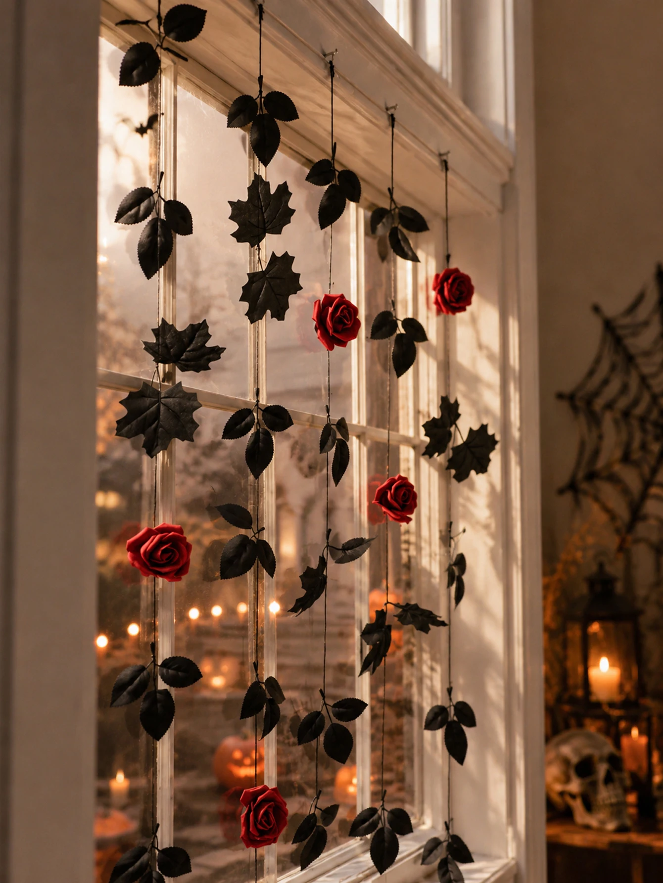Halloween Gothic Hanging Garland, Artificial Red Rose & Black Maple Leaf String Curtain, Dark Floral Window Doorway Home Decor