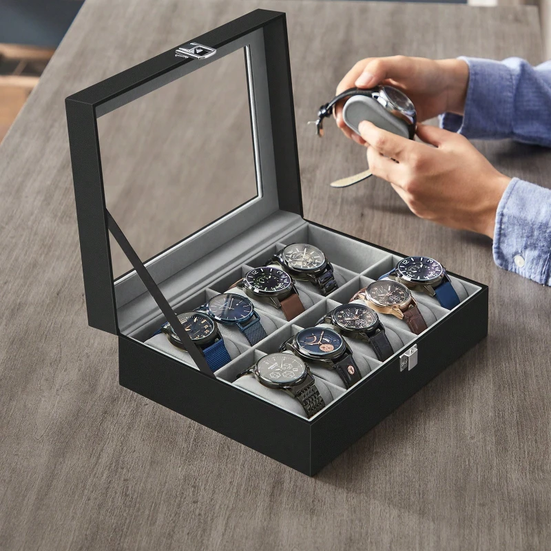 10-Slot Watch Box with Glass Lid & Removable Pillows, Leather Watch Display Case Organizer, Velvet Lining Storage Holder for Men Women, Black White