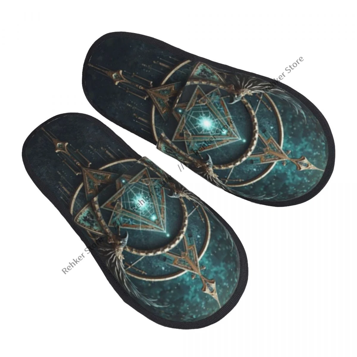 Pantoufles d'intérieur à motif géométrique mystique, pantoufles en fourrure, chaussures d'hiver pour la maison, pantoufles plates à bout fermé, tongs