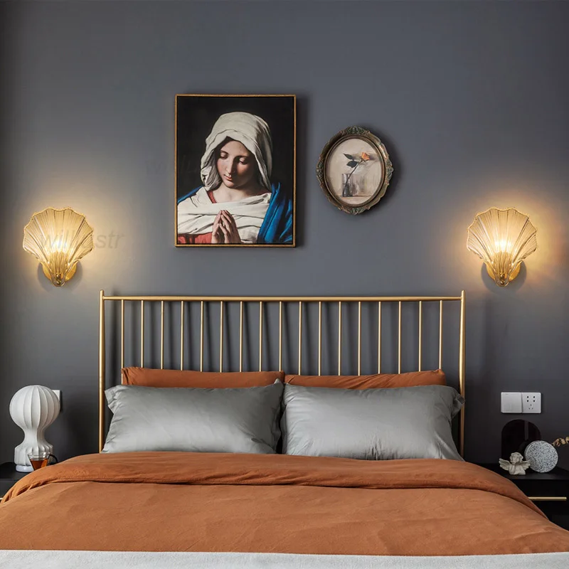 

Copper Metal Wall Light Creative Glass Shell Sconce Lamp Luxury Bedside Bar Hotel Cafe Corridor Porch Amber Clear Lighting