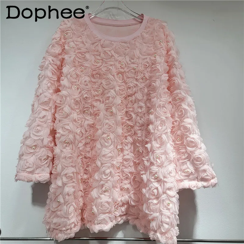 

Heavy Industry 3D Flower Bead Mesh Sweet Pink Sweatshirts 2024 Autumn New Round Neck Long Sleeve Oversized Women's Clothing