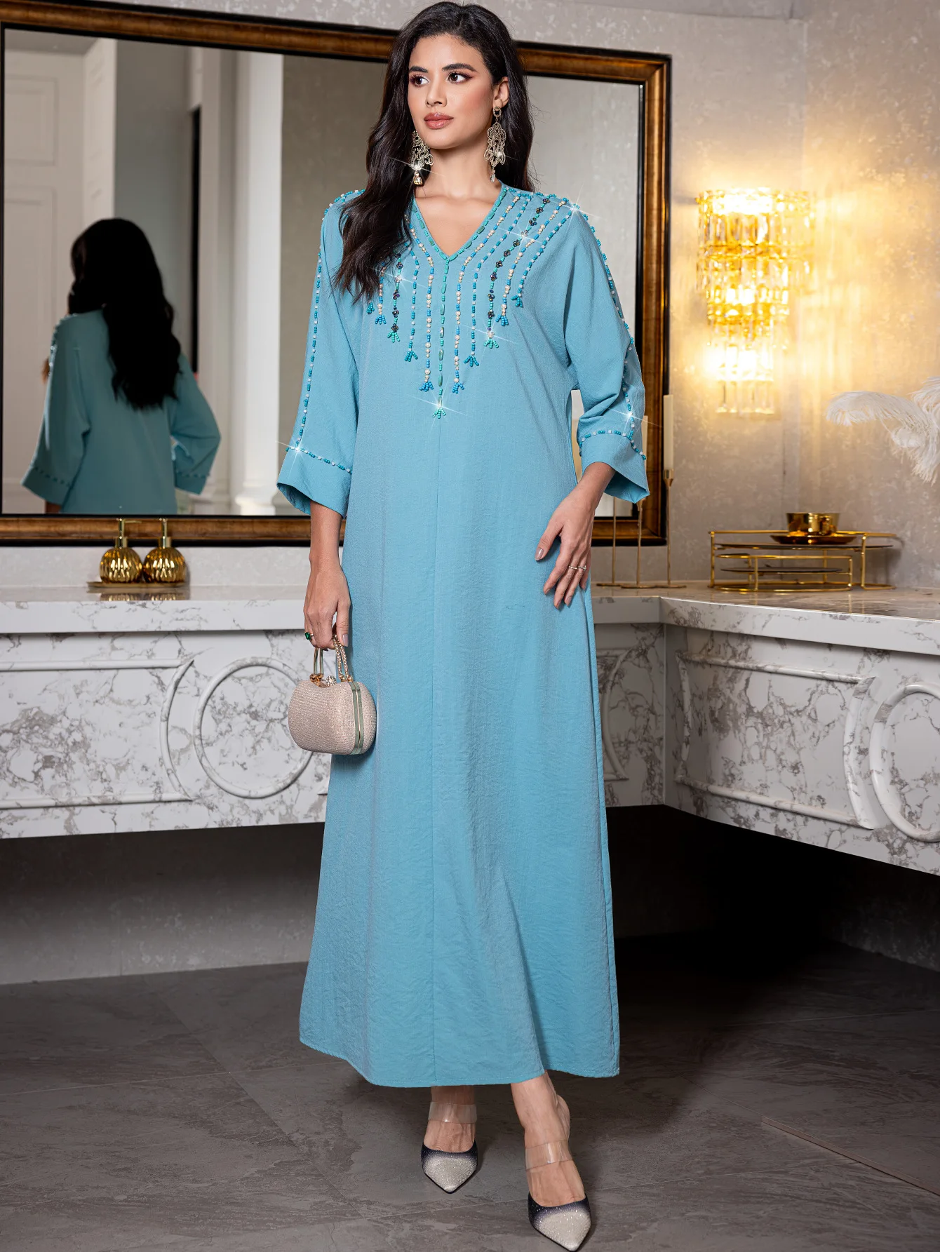 

Morocco Abaya Women Dress Jalabiya Maxi Dress Autumn Beaded Long Sleeves Loose Kaftan Turkey Dubai Muslim Robe Saudi Ramadan Eid