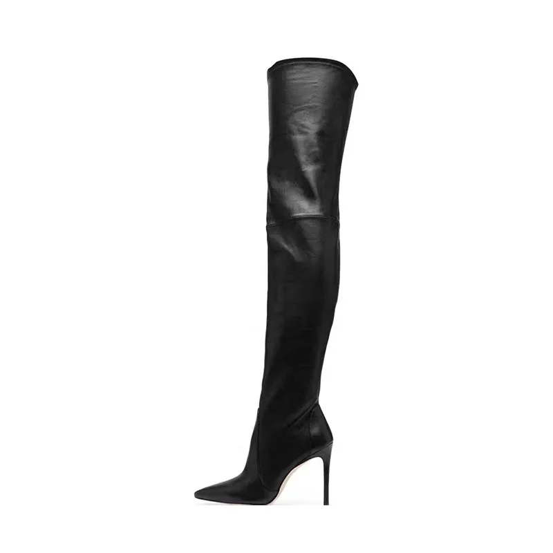 

Arden Furtado 2024 Black cowhide Elastic Thigh high boots Pointed toe Patchwork Slip-on Stilettos heels Modern boots large size