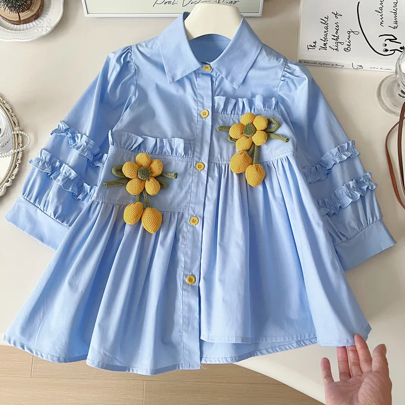 

2024Autumn New Western Style Girls' Shirt Dress Little Girl SUNFLOWER Irregular Long Sleeve Dress Fashion