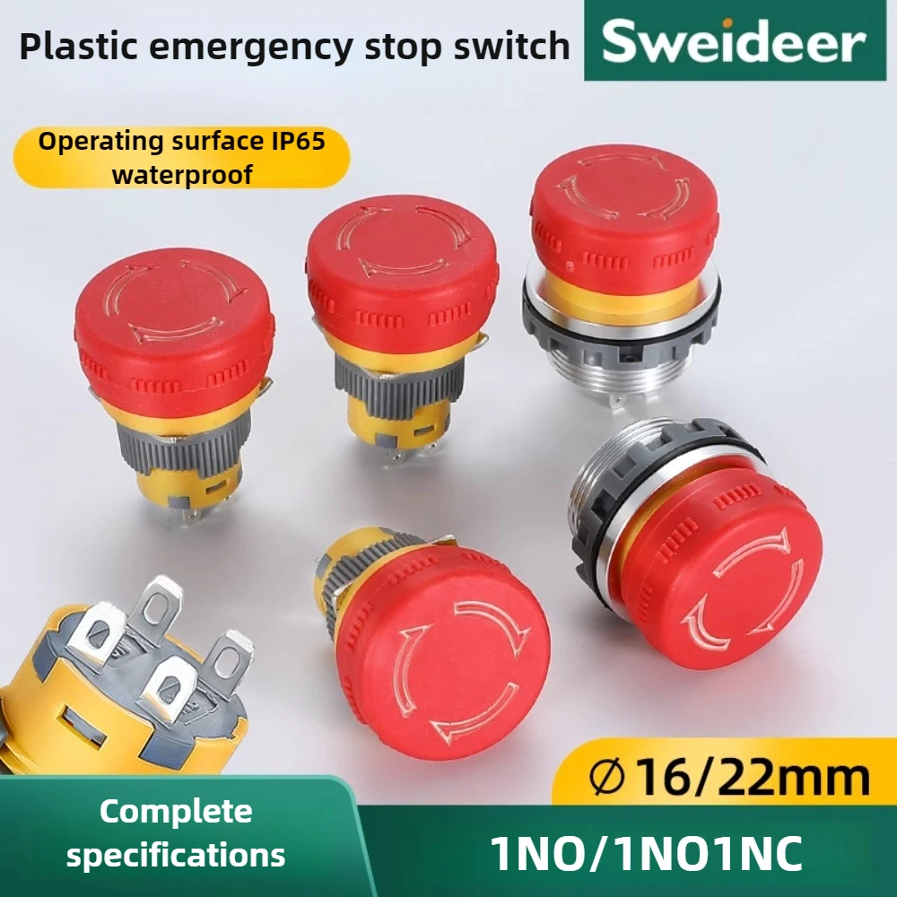 

16/22 мм пластиковый кнопочный переключатель аварийной остановки, противоскользящий IP65, водонепроницаемый грибовидная головка, сброс вращения 1НО 1НО 1НЗ