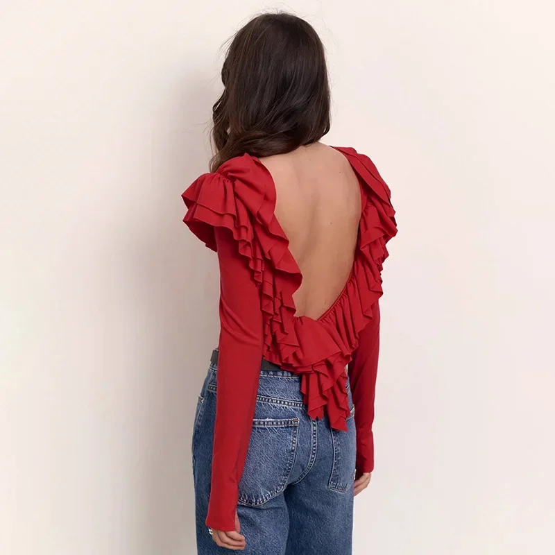 

Sexy Backless Asymmetrical Cropped Top Fashionable Ruffled Long-sleeved T-shirt Solid Color All-match Tight Women's Clothing Y2k