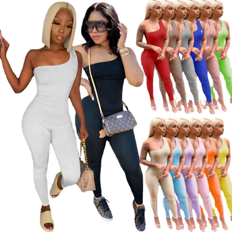 

WindebaySpring and Summer New Women's Clothing One-Shoulder Sleeveless Lifting Sport Jumpsuit