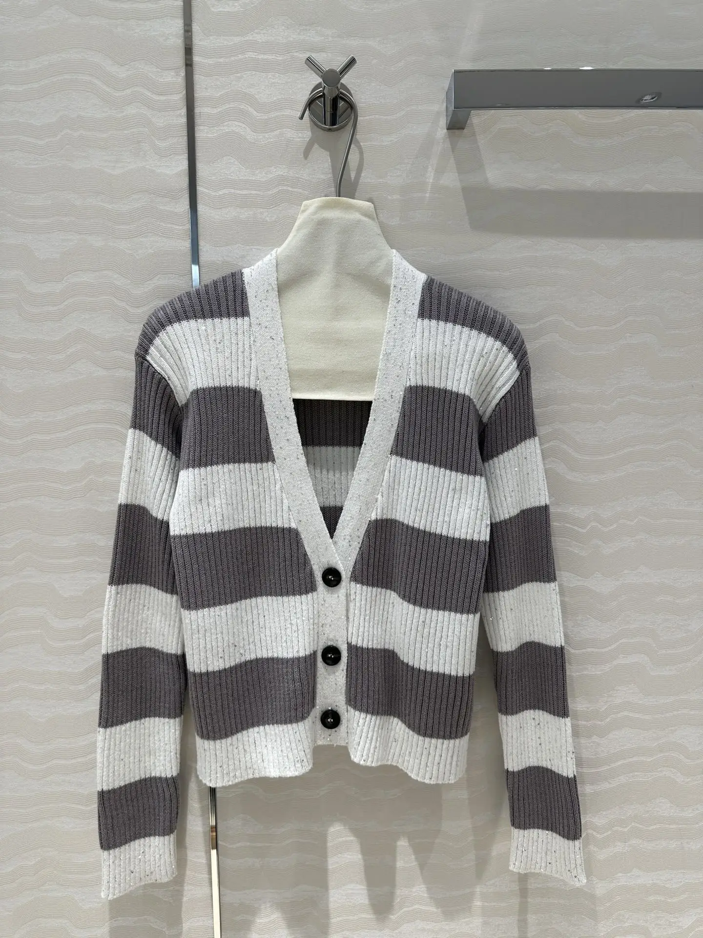 

2024 Women's Clothing Ribbed Sequin Stripe Cardigan Spring Summer New 635