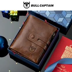 BULLCAPTAIN-cartera de cuero genuino RFID para hombre, tarjetero de negocios con doble cremallera, Monedero de piel de vaca, 021