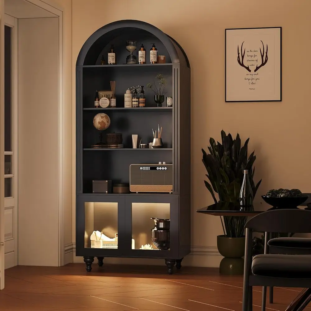 Wooden Arched Display Storage Cabinet with Glass Door, LED Lights,Showcase or Collections, Perume, Vinyl Albums, Bookcase or Hom view 4