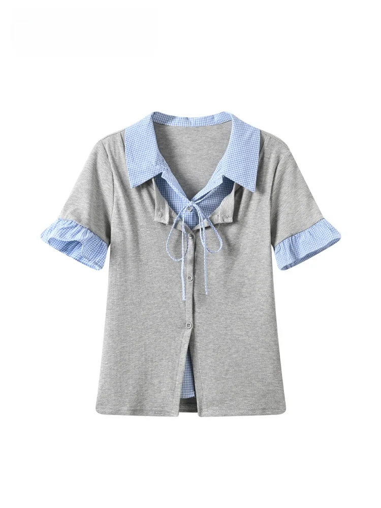 

CaraCLUB Large Size Short College Style Shirt Women Summer New Plaid Splicing Top Fashionable Youthful for Plump Sister