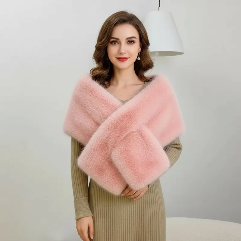 Fotografia 3: Xale de casamento longo em pele sintética para mulheres, com gola removível, capa de luxo com acabamento em pele sintética, ideal para festas e para usar como protetor de pescoço com vestidos de noite.