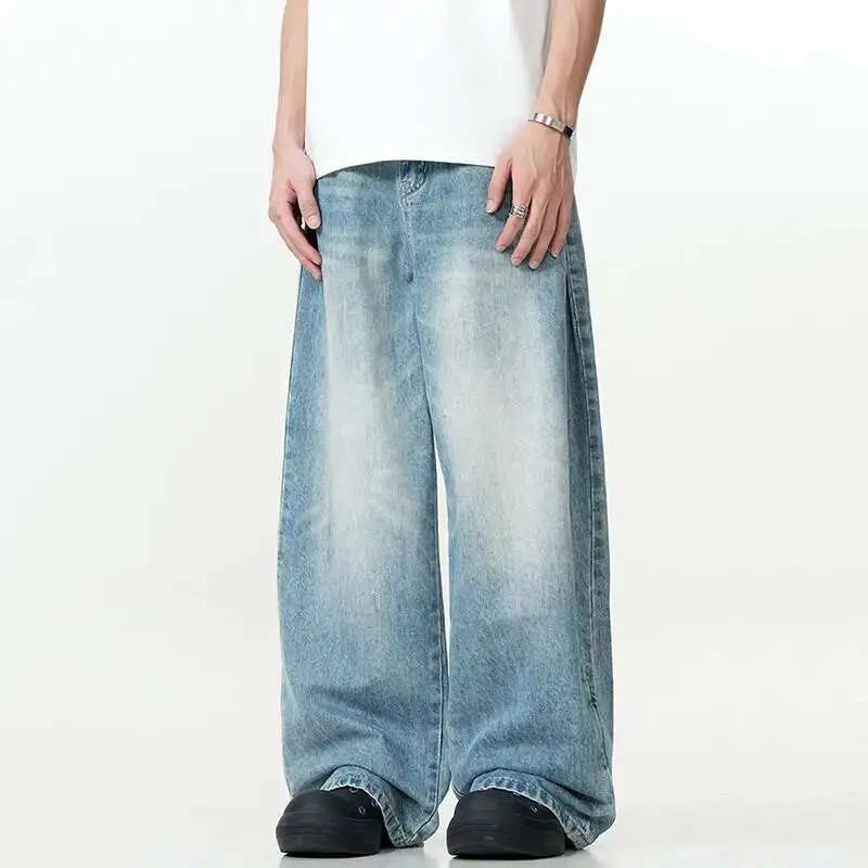 

Blue American Washed Jeans Men New Stylish Versatile Loose Casual Denim Pants Clean Fit Vintage Male Clothing Trend XH4W