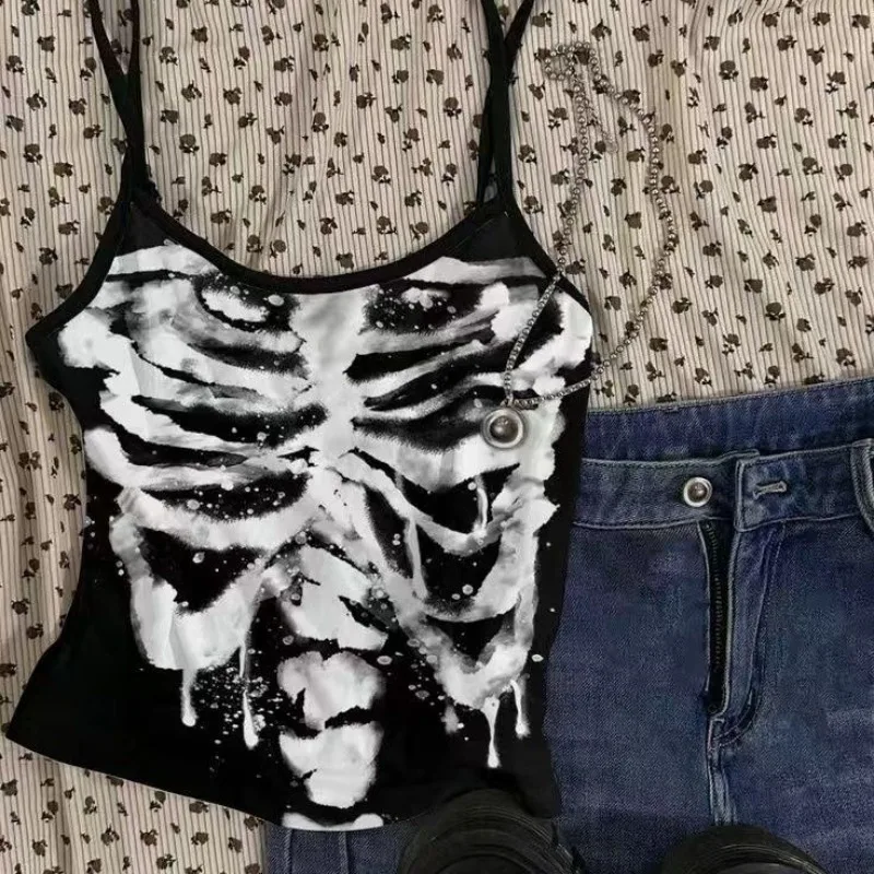 

Y2K Goth Street Retro Millennium Dark Skeleton Printed Suspender Top Hip Hot Girls Sexy Slim Fashion Niche Casual Vest Crop Tops
