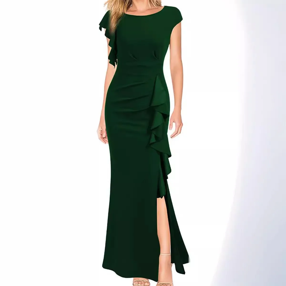 Side Slit High Waist Gown with Straight Silhouette Elegant Maxi Length Short Sleeves Round Neck Patchwork Dress Summer for Women