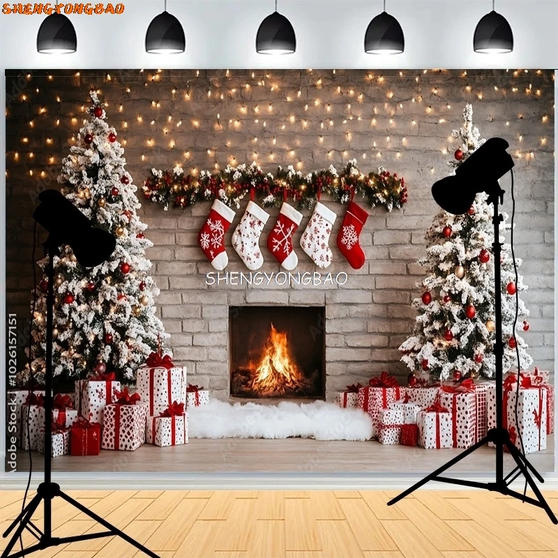 

Fireplace Christmas Day Wreach Window Photography Backdrops New Year Living Room Portrait Holiday Party Photo Background DD-15