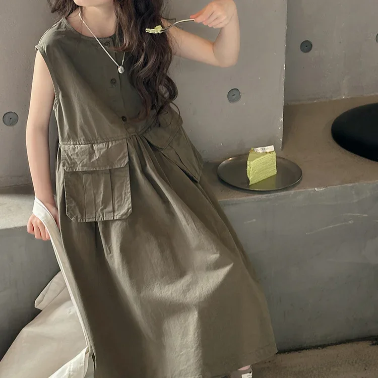 Girls Skirts 2024 Summer New Childrens Clothes Baby Girls Foreign Style Thin Sleeveless Large Pocket Cargo Dress Casual Simple image 6