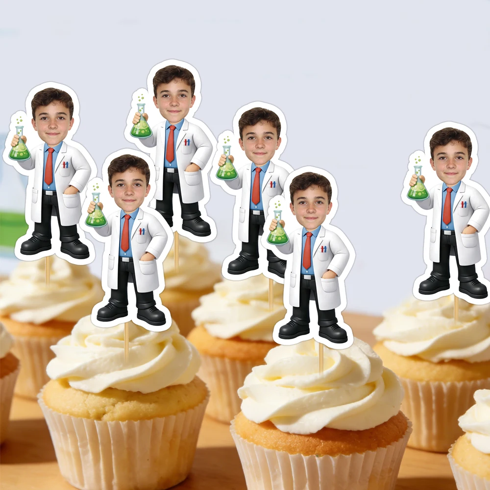Personalisierter Cupcake-Topper zum Geburtstag für Wissenschaftler, individuelles Wissenschaftler-Muster mit Gesichtsfoto, Party-Kuchendekoration, Dessert- und Obstspieß