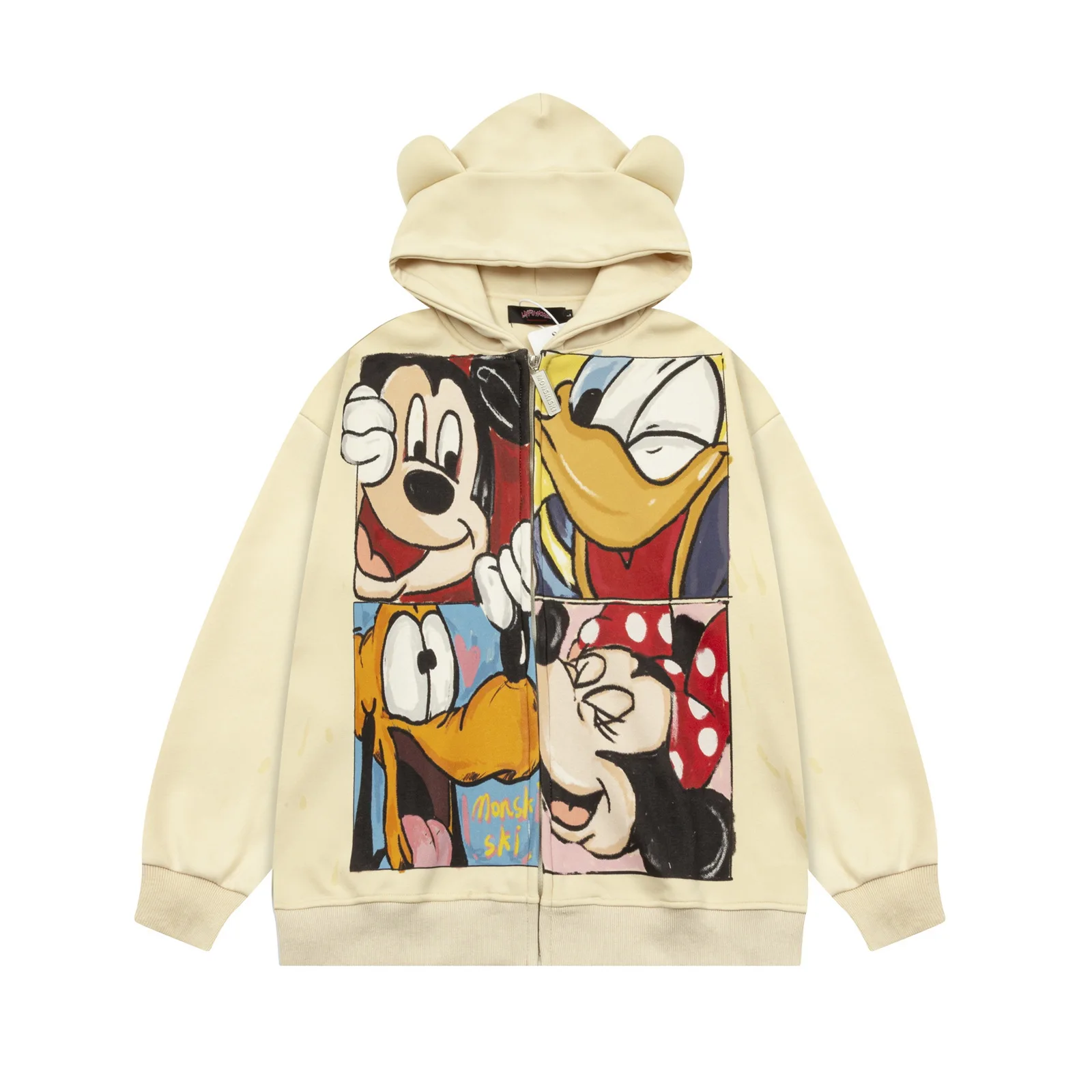 American Retro Cartoon Print 3d Ears Hooded Fleece Sweater Men's and Women's Autumn and Winter Loose Versatile Zip Jacket