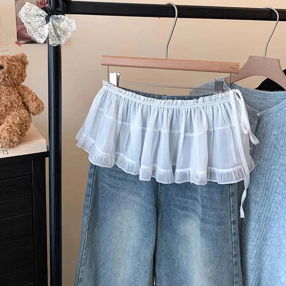Modna koreańska spódnica warstwowa z gazy, z wysokim stanem, słodka krótka spódniczka typu \"kurteczek\", jednoczęściowa spódnica fartuchowa na lato.