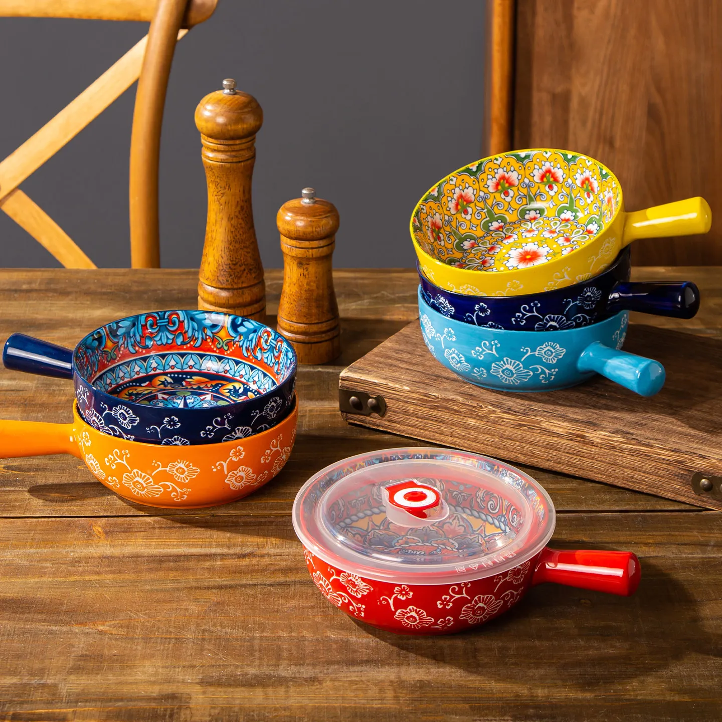 Bohemian Handle Bowl Ceramic with Handle Instant Noodle Bowl Baking Bowl High Appearance Level New Style Fruit Salad Bowl