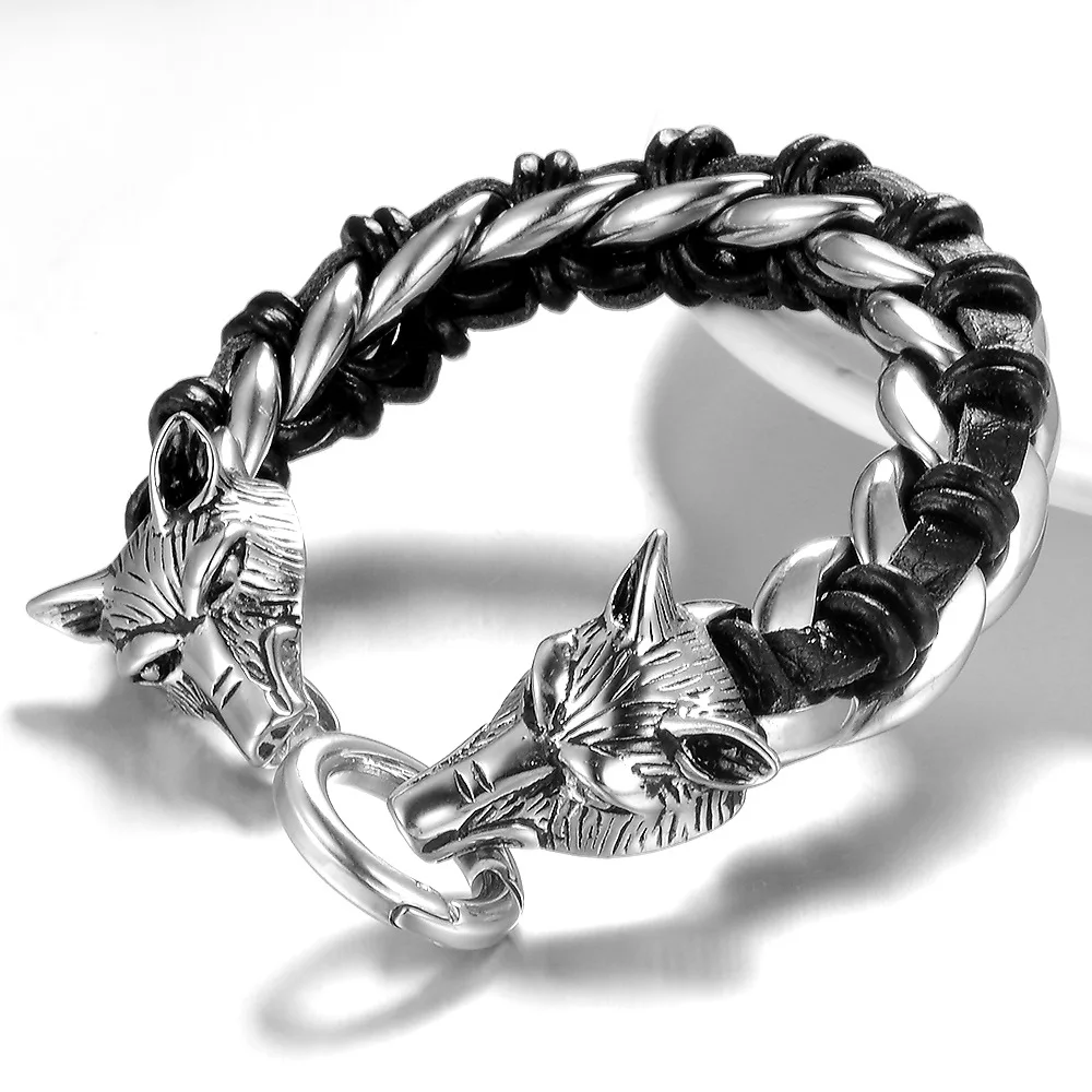 Vintage Men's 316L Stainless Steel Double Wolf Scalp Bracelet Chain