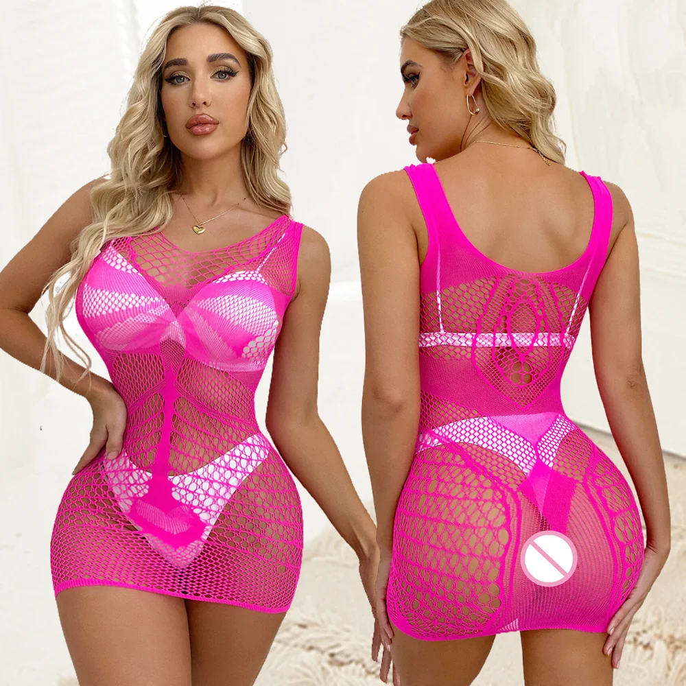 2024 New Fashion Nightclub Party Mesh Clothes Hot Selling Rose Color Girl Sex Underwear Erotic Fishnet Perspective Bodycon Dress