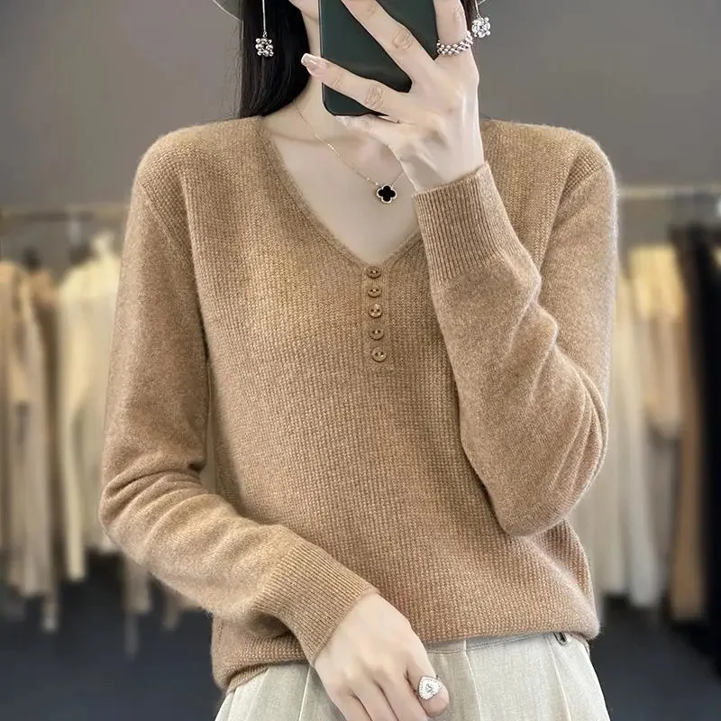 

Women's Sweater 2023 New Autumn Winter Long Sleeve Pullover Elastic Knit Ladies V-neck Jumper Casual Sweaters Solid Pull Femme