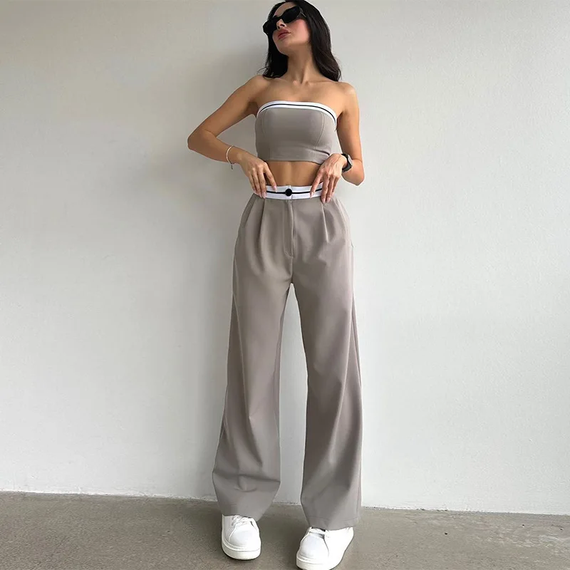 Women\'s Sexy And Fashionable Pants Set Spring/Summer Spicy Girls Sports Tube Top+High Waist Wide Leg 2 Piece Pant Suit S-2XL