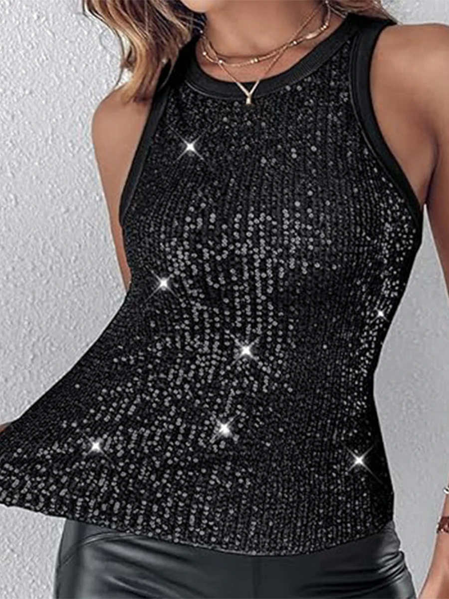 Women's Sexy Shirts Mesh Sheer Glitter Sequins Sleeveless Tank Tops Y2K Flare Sleeve Cropped Top Button Down Shirt Streetwear