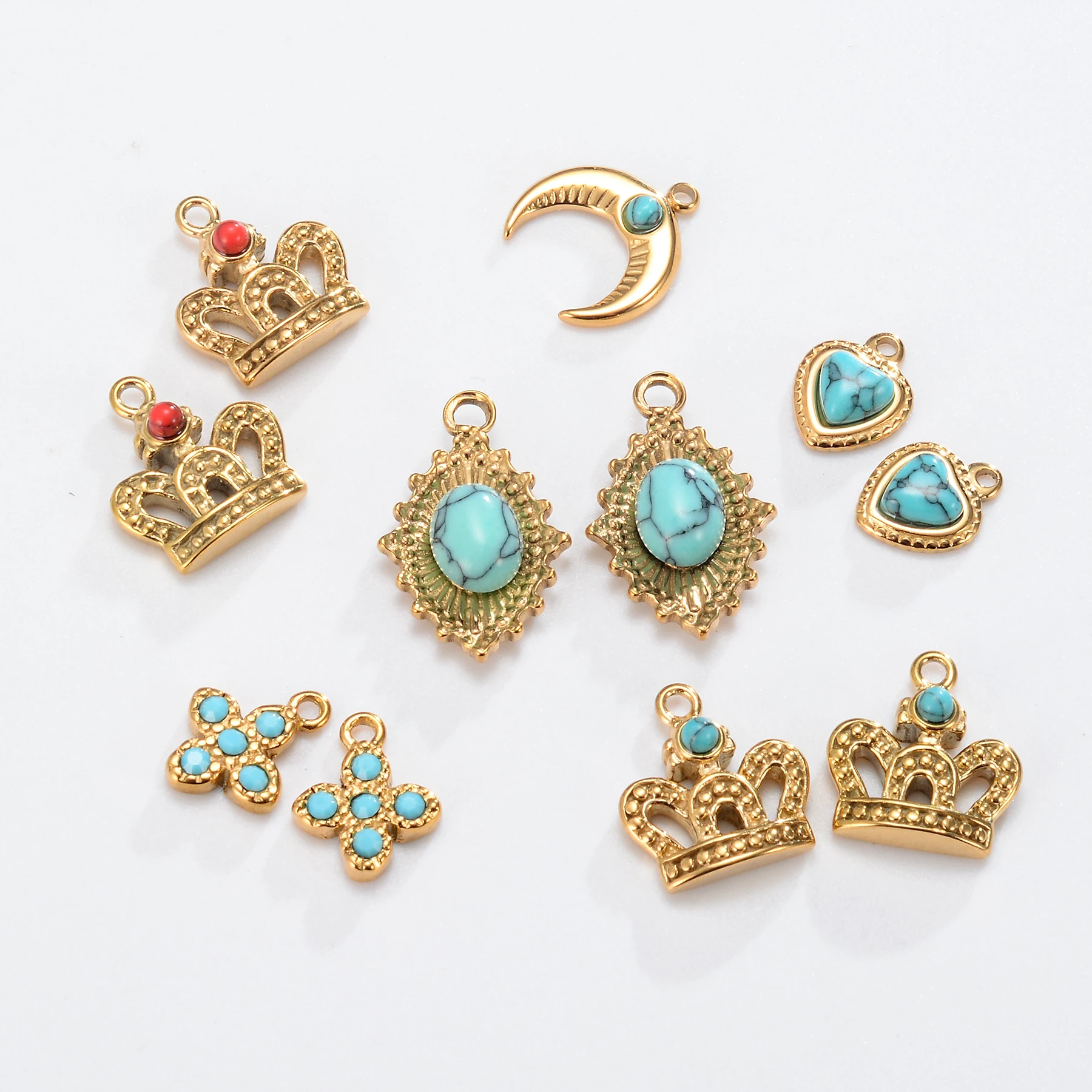 5pcs Turquoise Natural Stone Pendant Stainless Steel Crown Moon Heart Charm DIY Bohemia Earring Necklace Jewelry Making Crafts