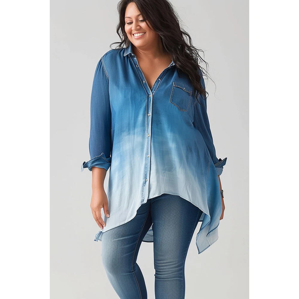 Plus Size Everyday Blue White Gradient Ombre Roll Tab Irregular Hem Blouse Long Sleeve Tops