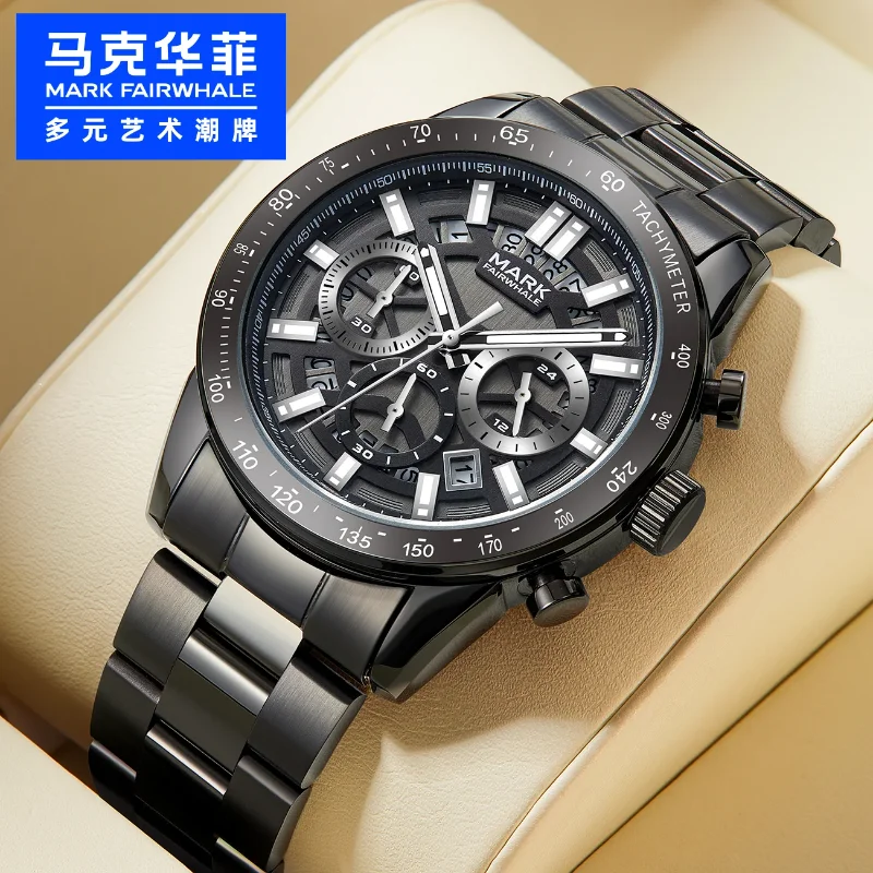 

Mark Fairwhale Mens Watch 5880 Business Black Quartz Wristwatch Original Stainless Steel Chronograph Waterproof Watches for Men