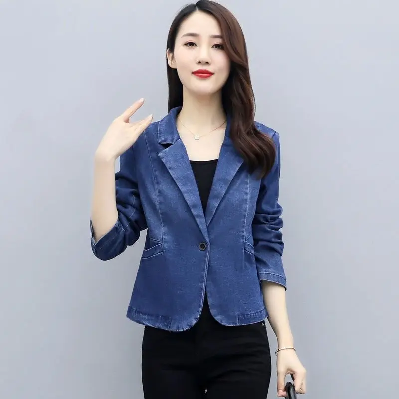 Spring Short Style Blue Denim Blazer Ladies Long-sleeved One Button Jeans Blazer Jackets For Women