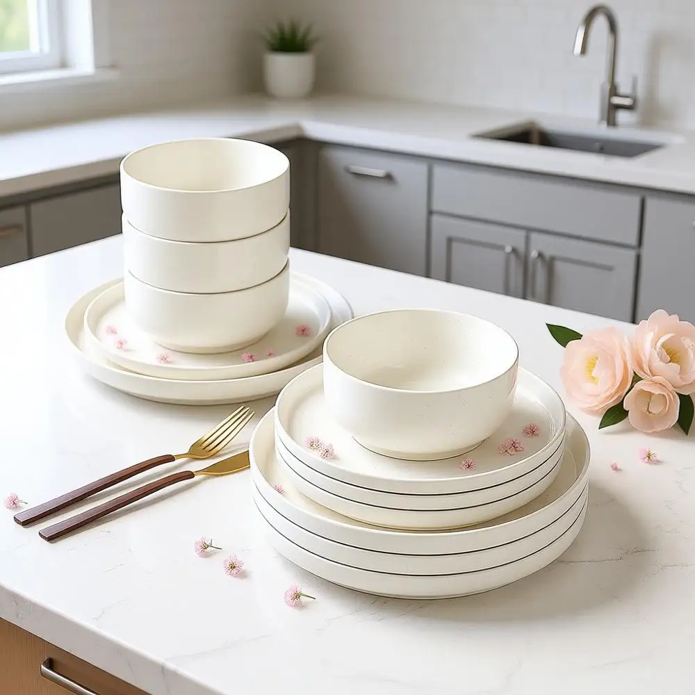 

Набор посуды из кремово-белого фарфора, устойчивого к царапинам, 4 или 12 предметов, подходит для микроволновой печи и посудомоечной машины