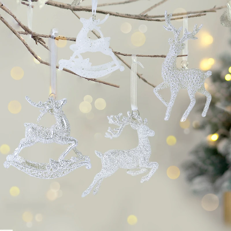 1pcs White Reindeer Christmas Tree PVC Ornament Christmas Glitter Pendant Happy New Year Kids Gift Home Decoration Accessories